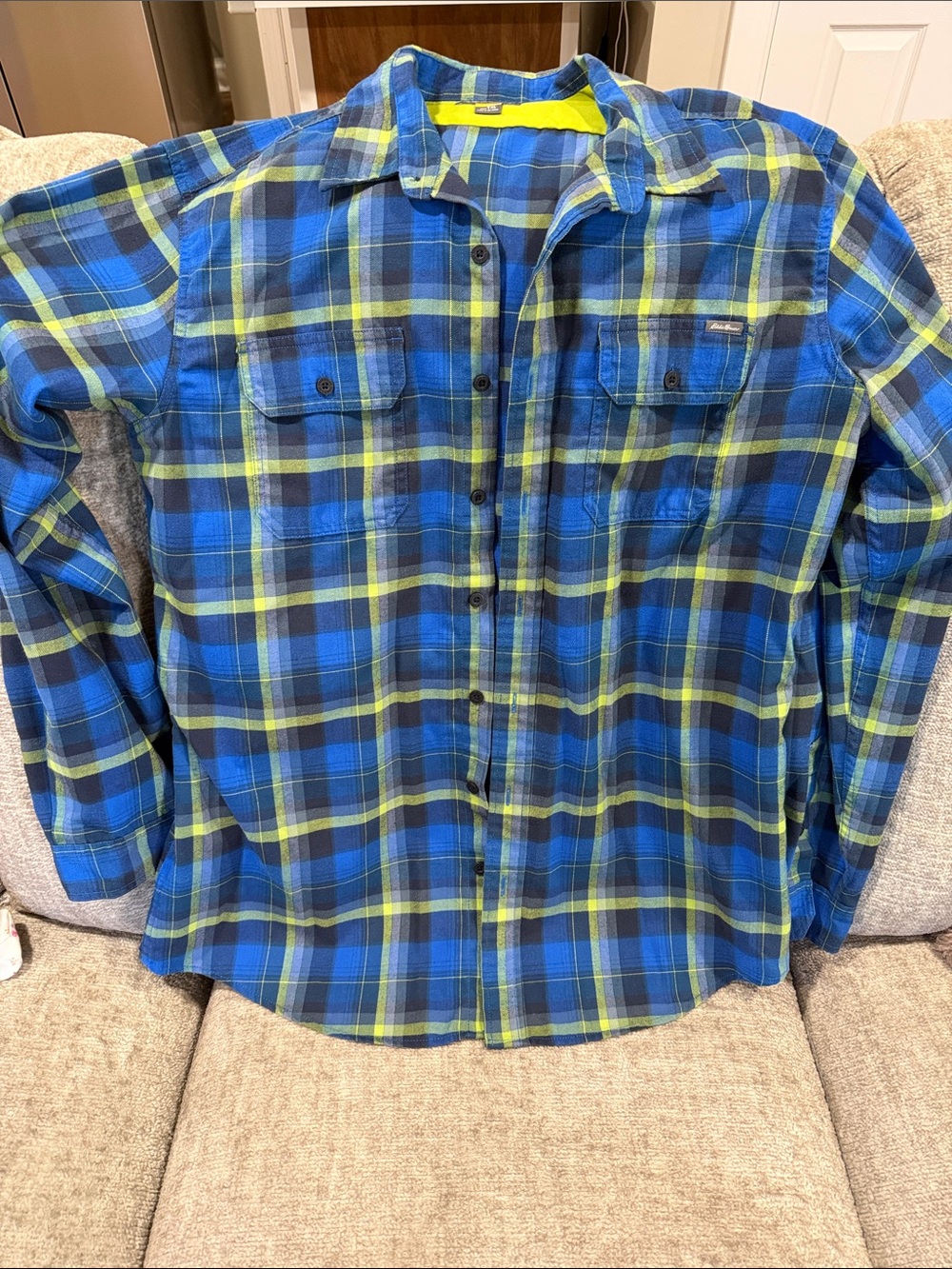 Eddie Bauer Blue, Green Plaid Button-Down Shirt Size XLT
